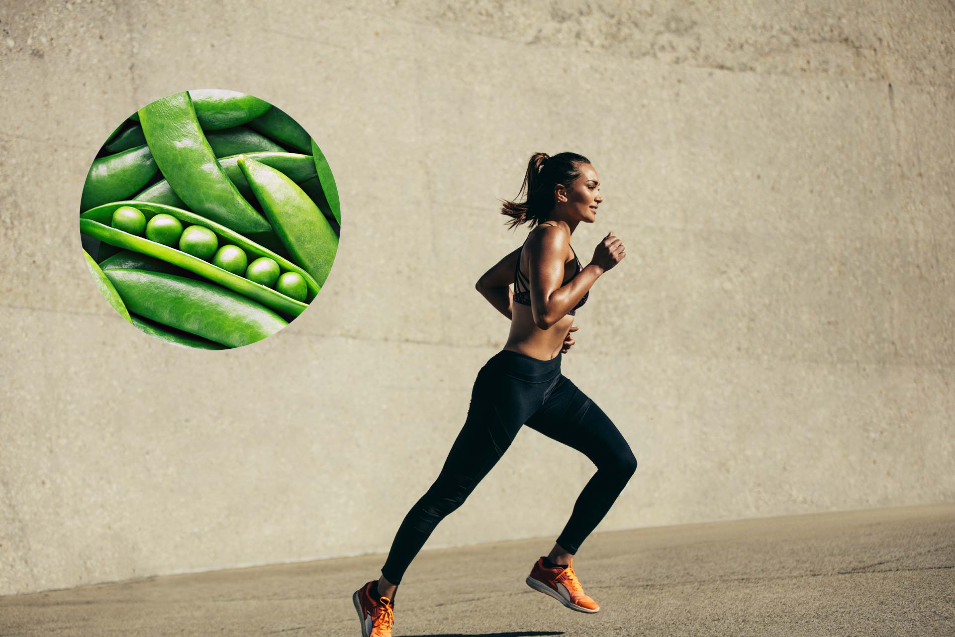 A woman running with an inset image of pea pods